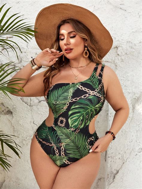 SHEIN Swim BohoFeel Plus Size Women S Tropical Print Cut Out One