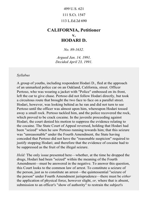 California V Hodari D 499 U S 621 1991 Download Free Pdf