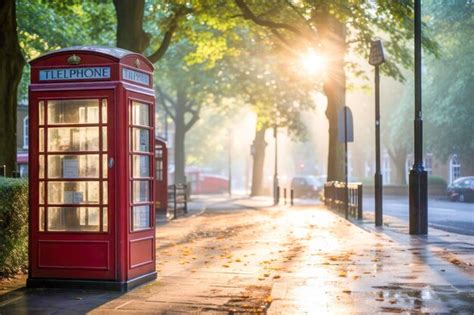 Iconic Red Telephone Booth On Rainy London Street At Twilight Premium