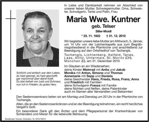 Maria Wwe Kuntner Aus Laas Trauerhilfe It Das S Dtiroler Gedenkportal