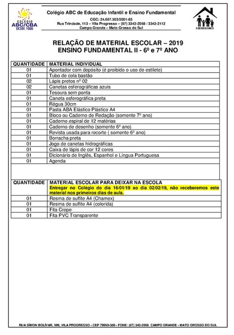 RELAÇÃO DE MATERIAL ESCOLAR 2019 Colégio ABC