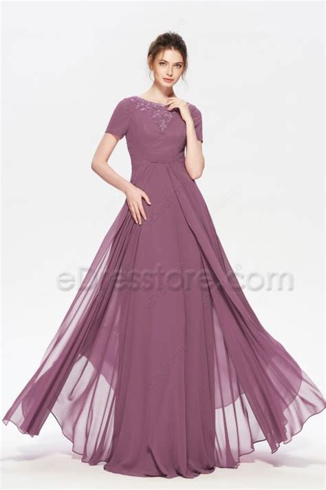 Modest Lds Beaded Mauve Bridesmaid Dress Edresstore