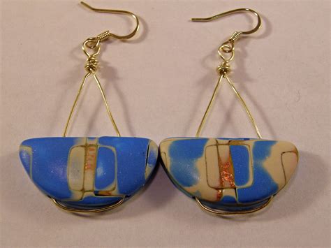 Blue Mokume Gane Earrings Hung On Brass Wire Mokume Gane Polymer