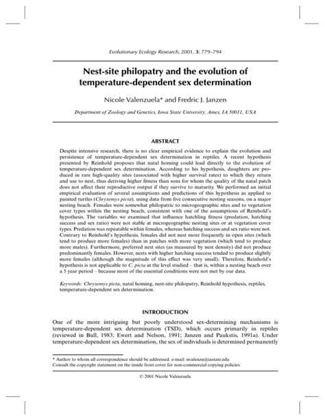 Nest Site Philopatry And The Evolution Of Temperature Dependent Sex Determination