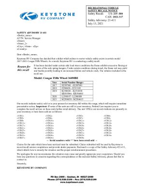 Fillable Online 21 411 Cougar 368MBI Crossmember Recall Dealer Letter