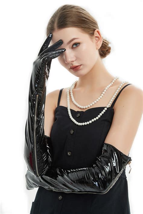 60cm 23 6 Long Side Real Open Zipper Style Real Patent Leather Long Opera Gloves Black In