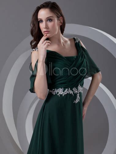 Dark Green A Line Applique Off The Shoulder Chiffon Evening Dress