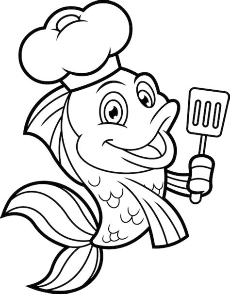 Premium Vector Outlined Cute Fish Chef Cartoon Character Holding A