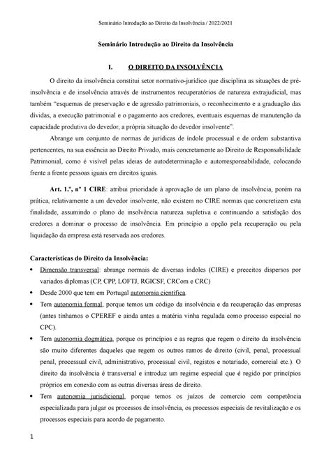 Seminário Introdução ao Direito da Insolvência O DIREITO DA