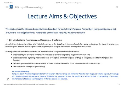 Pharmacology Learning Objectives Lecture Aims Objectives This