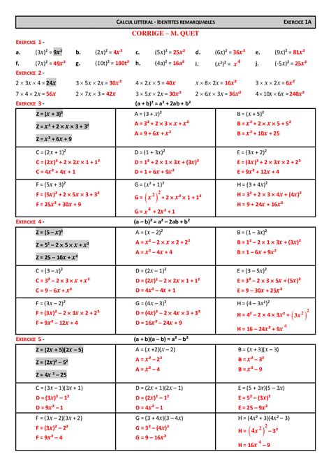 Développements Identités Remarquables Corrigés d exercices 1