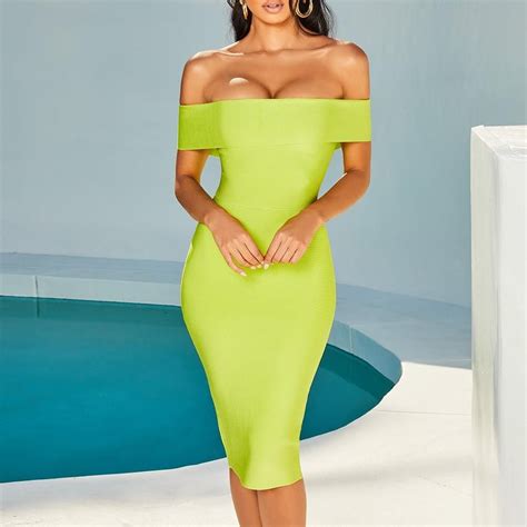 Free Shipping L Women Off Shoulder Neon Green Bandage Dress Green Bandage Dress Bandage Dress