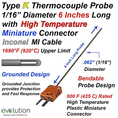 Thermocouple Sensor Type K Grounded 6 Long 116 Dia Inconel Sheath