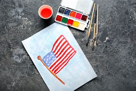 Watercolor Painting of American National Flag on Grey Table Stock Photo ...