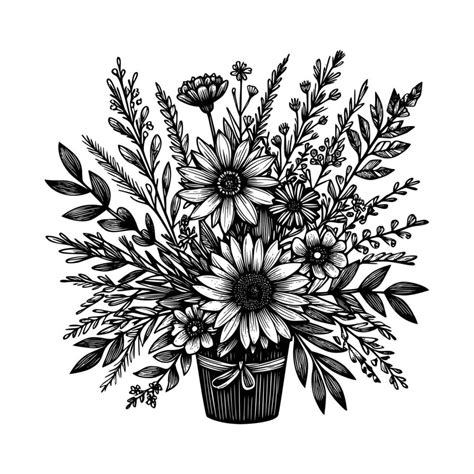 Black And White Flowers Hand Drawn Vector Illustration Isolated White