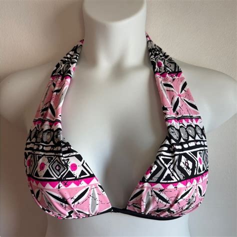 VENUS Swim Venus Black Pink White Gray Tropical Tribal Halter Bikini Top Cup D Euc Sku