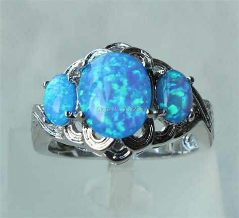 Fashion Three Stone Blue Fire Opal Engagement Ring For Lady Usa Size