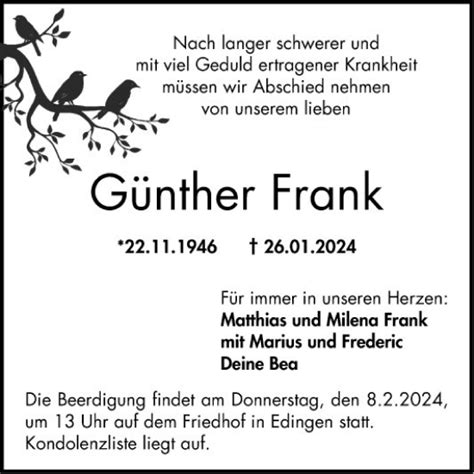 Traueranzeigen von Günther Frank Trauerportal Ihrer Tageszeitung