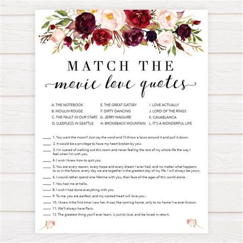 Bridal Shower Game Movie Love Quotes Wedding Shower Games Etsy