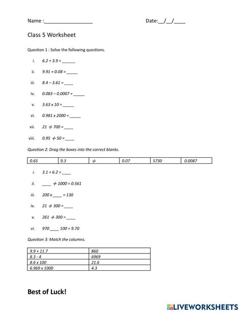 Maths Decimals Worksheet 7383530 | Idrees Zulfiqar | Live