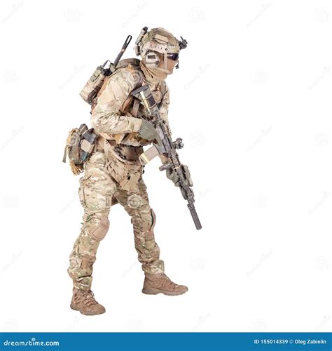 Army Soldier Crouching With Rifle Studio Shoot Stock Image Image Of