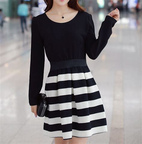 Slim Round Neck Long Sleeved Striped Dress Ax100501ax On Luulla