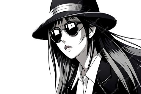 Premium Photo Anime Girl With Sunglasses And Widebrimmed Hat Black And White Manga Style