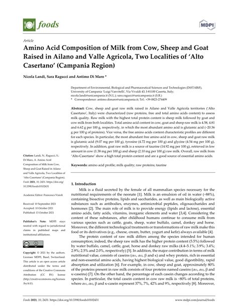 Pdf Amino Acid Composition Of Milk From Cow Sheep And Goat Raised In