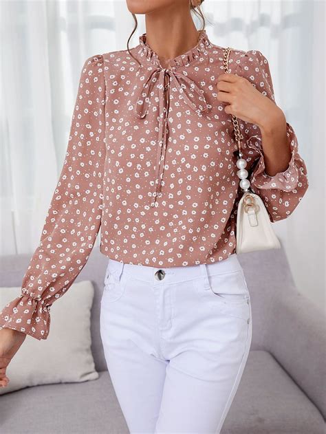 Dusty Pink Elegant Long Sleeve Polyester Ditsy Floral Top Non Stretch