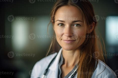 A Portrait Shot Of A Female Doctor Wearing A White Lab Coat And