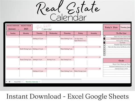 Realtor Monthly Calendar Digital Real Estate Calendar Excel Template