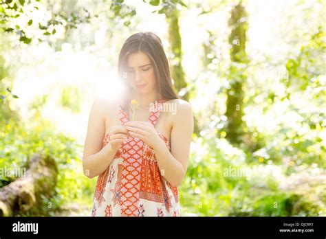Brunette Beauty Standing In A Forest Stock Photo Alamy