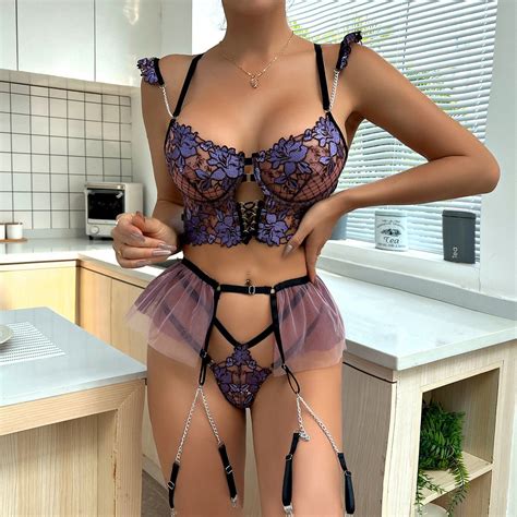 Hot Selling Sexy Erotic Lingerie Embroidery Flowers Gather Cute Metal