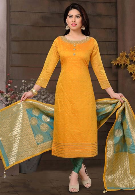 Yellow Chanderi Readymade Churidar Salwar Kameez 175707 Silk Kurti