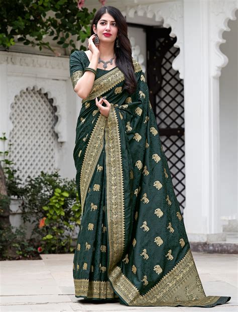 Mehendi Banarasi Silk Jacquard Woven Saree With Blouse Brithika