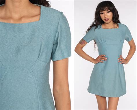 60s Mod Mini Dress Grey Blue Wool Dress Winter Shift 1960s Go Go Space