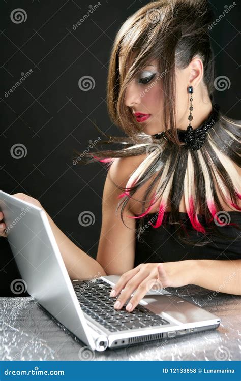 Attractive Brunette Fashion Woman With Laptop Stock Photo Image Of Expression Cute