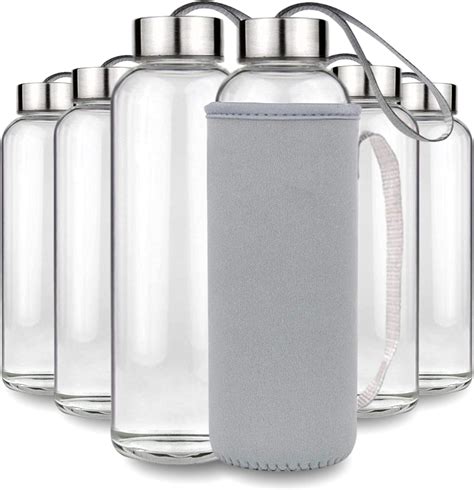 Teikis Glass Water Bottles 6 Pack 18 Oz Clear Glass Bottles With Caps And Nylon