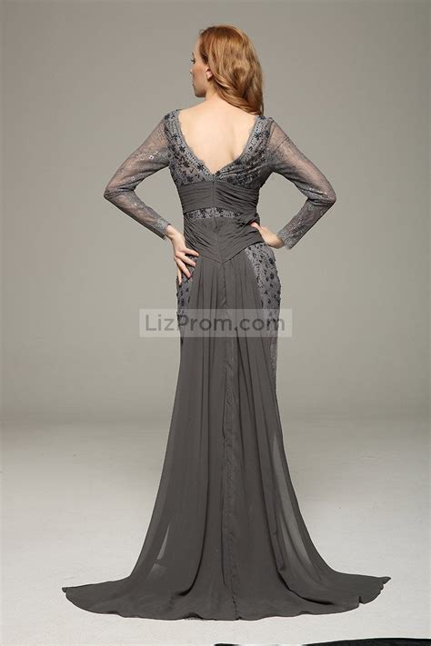 Gray V Neck Beaded Lace Prom Wedding Dress With Long Sleeves Lizprom