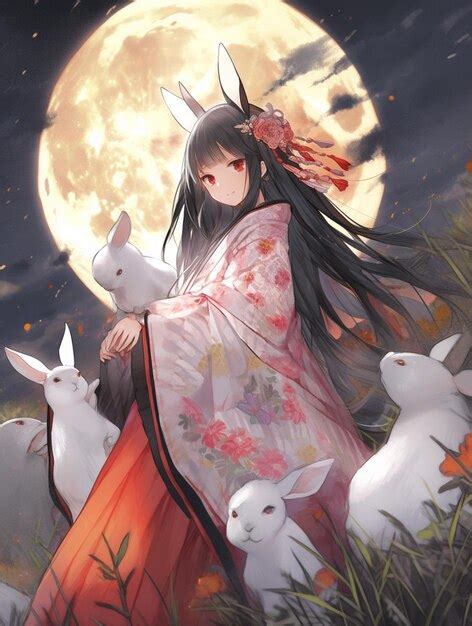 Premium Photo | Anime girl with rabbit and moon in background generative ai