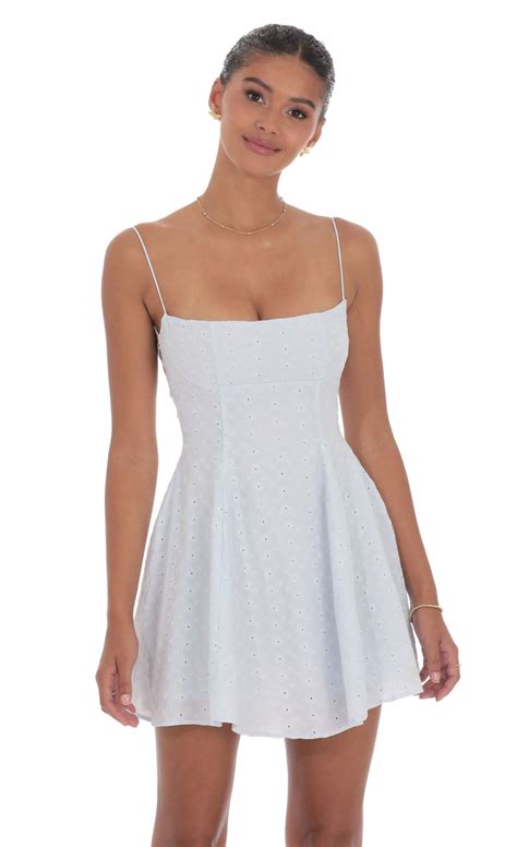 Floral Eyelet Fit and Flare Dress in Light Blue | LUCY IN THE SKY