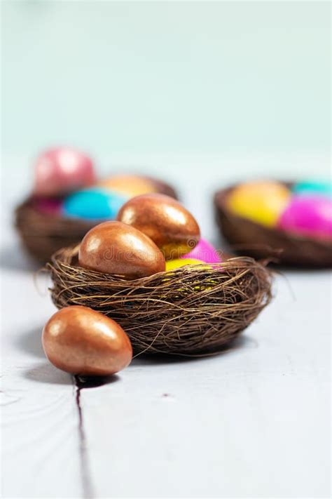 Chocolate And Colourful Easter Eggs In Small Nests Stock Image Image