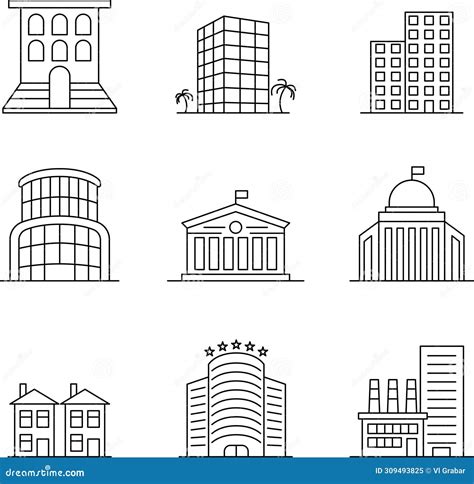 Building Line Icons Set Vector Stock Vector Illustration Of Downtown