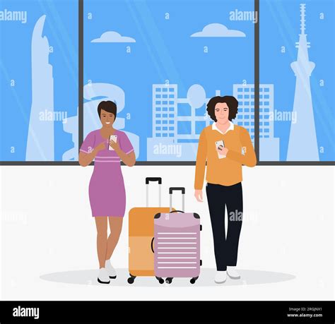 Vector Illustration Man Woman With Suitcases Use Cell Phones Tourist