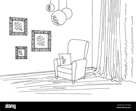 Living Room Interior Graphic Black White Sketch Illustration Vector