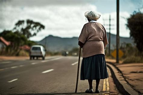 Abuela Anciana Con Un Bast N Tratando De Cruzar La Carretera