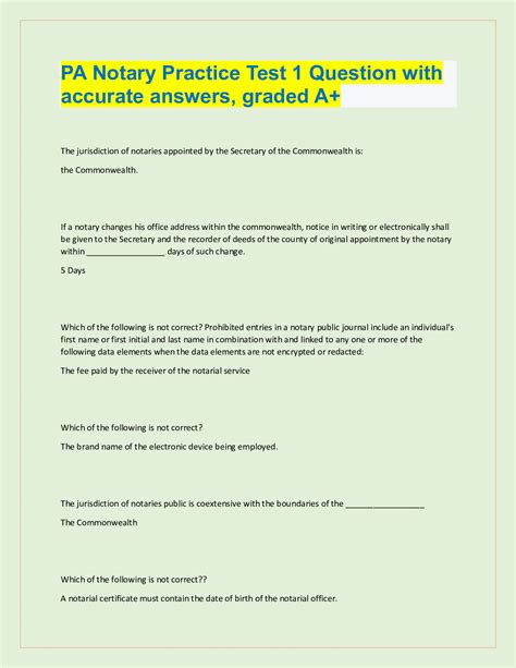 Pa Notary Practice Test Question With Accurate Answers Graded A