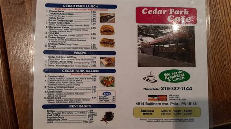 Menu at Cedar Park Cafe, Philadelphia, Baltimore Ave