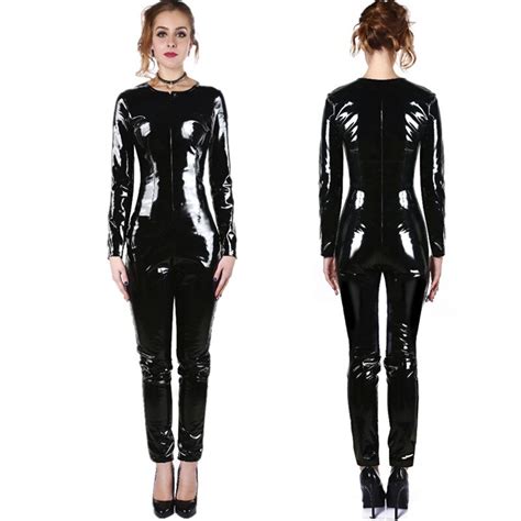 S Xxl Hot Sexy Catwomen Faux Leather Latex Zentai Catsuit Smooth Wetlook Jumpsuit Front Zipper