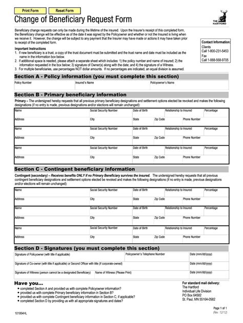 Fillable Online Change Of Beneficiary Request Form The Hartford Fax